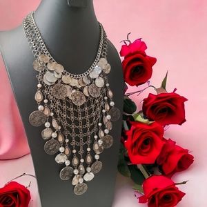 Coins statesmen/ Bib silver tone necklace